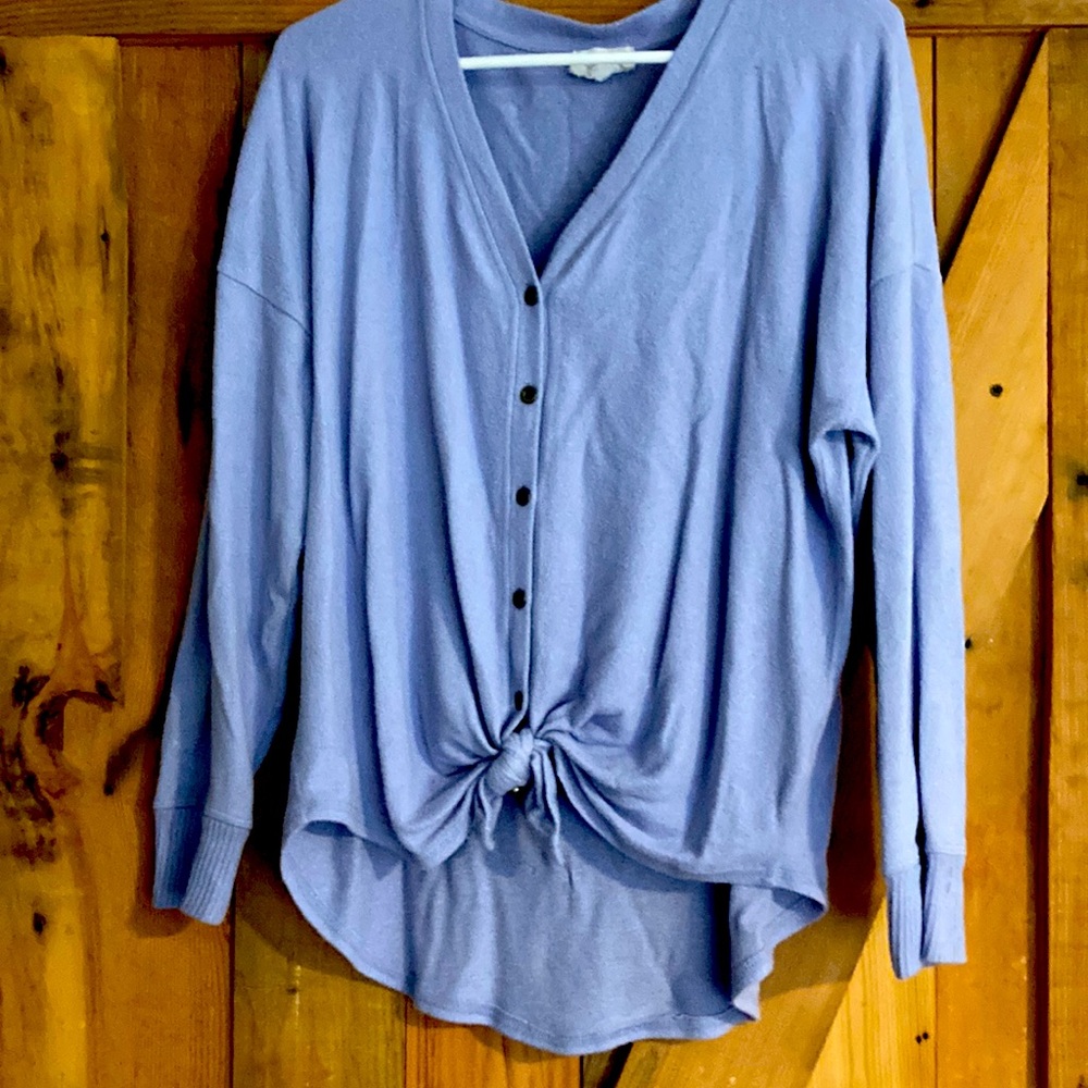 Lavender button up and tye Long Sleeve top.